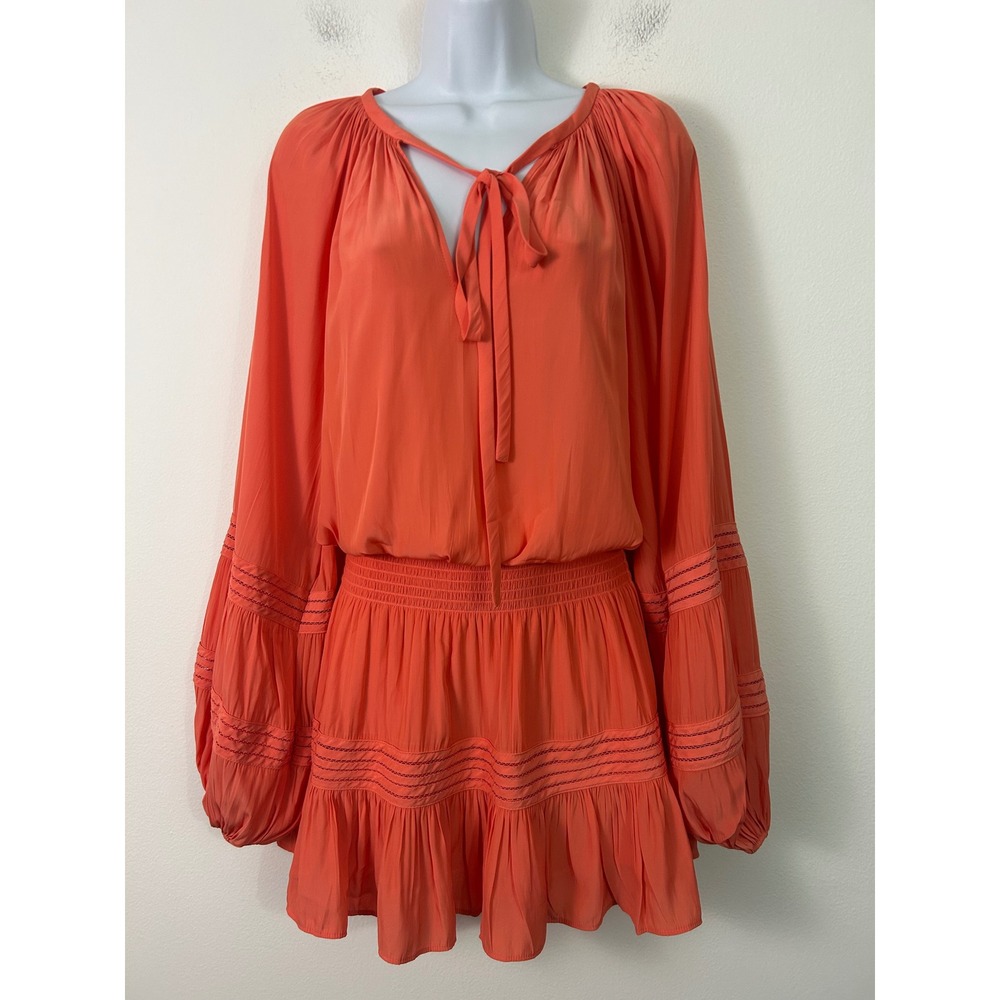 Ramy Brook XS Smocked Tiered Mini Blouson Dress Long Sleeve Coral Orange